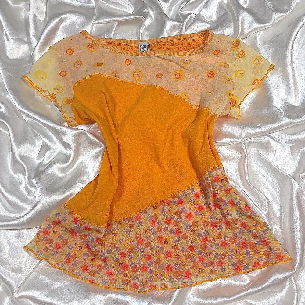 y2k Peach Tree Mesh Top Orange Excellent Floral Mixed Pattern Lettuce Edge Italy